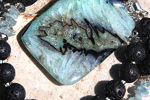 KapKa Design Black Lava and Aquamarine Gemstone Necklace with Wild Crystal Slice