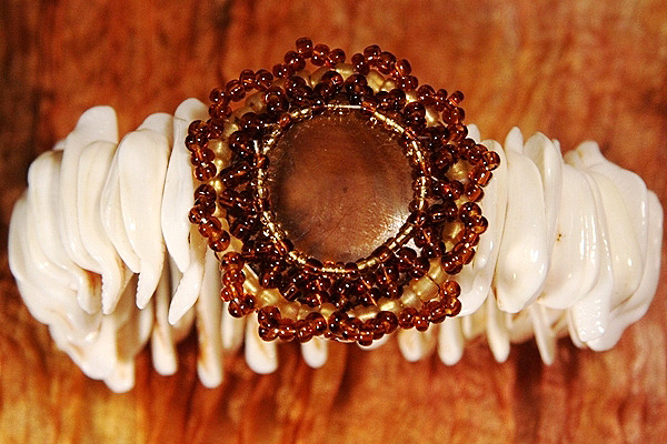 Natural Seashell Bracelet with Intricately Beaded Focal Stone