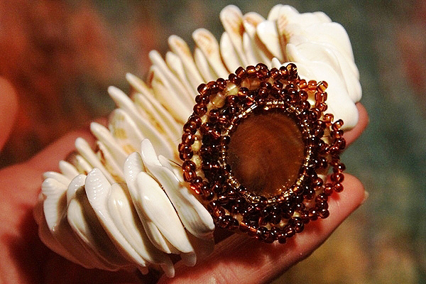 Natural Seashell Bracelet with Intricately Beaded Focal Stone