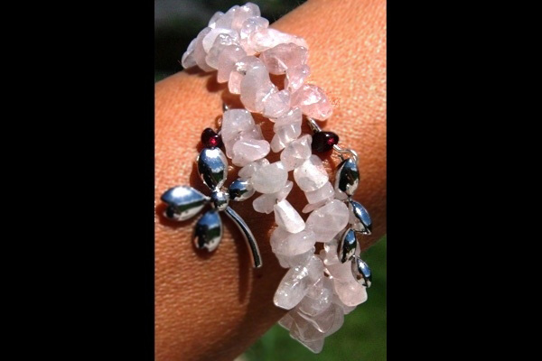 Rose Quartz Bracelet with Red Garnet and Sterling Silver Floral Ornaments