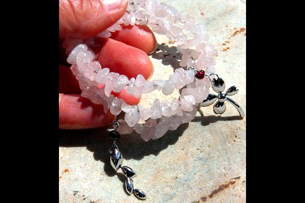 Rose Quartz Bracelet with Red Garnet and Sterling Silver Floral Ornaments