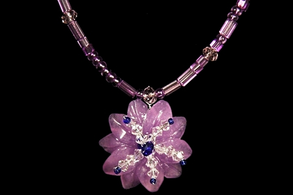 Purple Pink Jade Flower and Cobalt Blue Swarovski Crystal Necklace