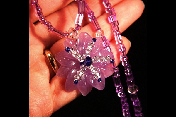 Purple Pink Jade Flower and Cobalt Blue Swarovski Crystal Necklace