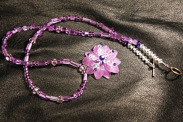 Purple Pink Jade Flower and Cobalt Blue Swarovski Crystal Necklace