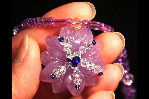 Purple Pink Jade Flower and Cobalt Blue Swarovski Crystal Necklace
