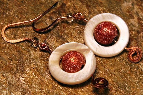 Moon Goddess New Age White Pearl Circle and Big Sparkle Copper Ball Earrings