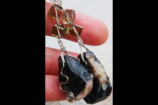 Rough Obsidian Stone and Smoky Quartz Cube Sterling Silver Wrapped Earrings