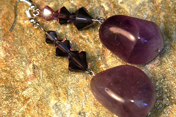 Big Amethyst Stone and Swarovski Crystal Sterling Silver Earrings