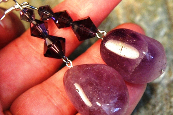Big Amethyst Stone and Swarovski Crystal Sterling Silver Earrings