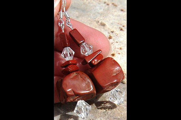 Red Jasper Rough Stone and Swarovski Crystal Sterling Silver Earrings