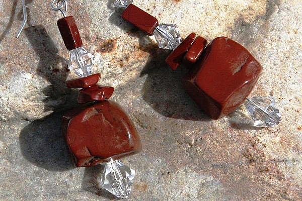 Red Jasper Rough Stone and Swarovski Crystal Sterling Silver Earrings