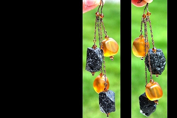 Amber Frosted Glass Chunks and Black Lava Stone Seesaw Copper Chain Earrings