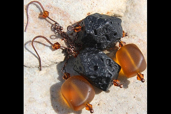 Amber Frosted Glass Chunks and Black Lava Stone Seesaw Copper Chain Earrings