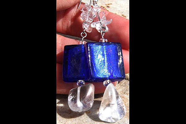 Cobalt Blue Silver Leaf Murano Glass and Rock Quartz Sterling Silver Earrings