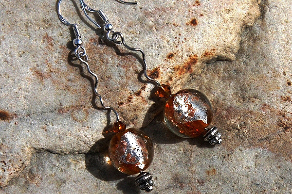 Amber Honey Silver Leaf Murano Glass Ball Sterling Silver Earrings