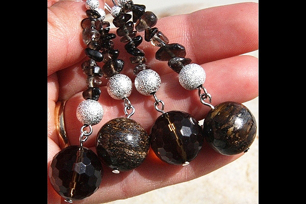 Big Rare Bronzite Crystal and Smoky Quartz Sphere XL Sterling Silver Earrings