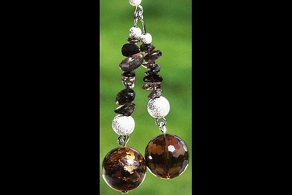 Big Rare Bronzite Crystal and Smoky Quartz Sphere XL Sterling Silver Earrings