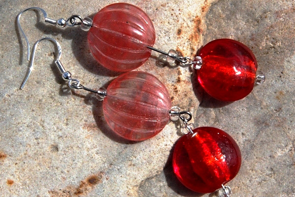 Carved Watermelon Quartz and Bright Red Lampwork Sterling Silver Earrings