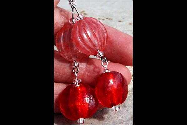 Carved Watermelon Quartz and Bright Red Lampwork Sterling Silver Earrings