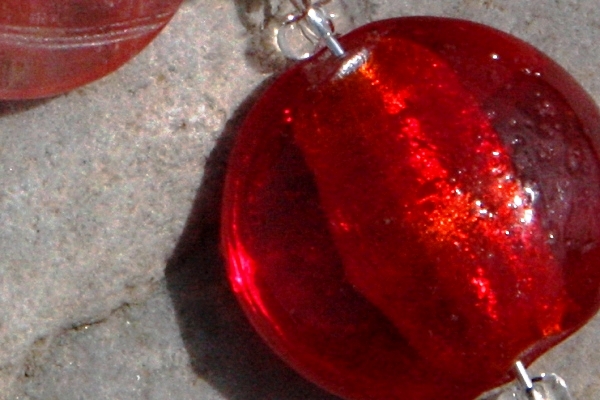 Carved Watermelon Quartz and Bright Red Lampwork Sterling Silver Earrings