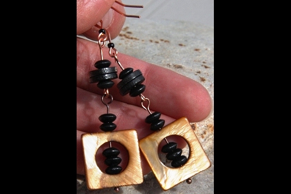 Large Golden Mother of Pearl and Black Ebony Wood Copper Earrings