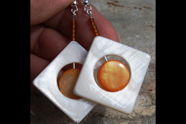 Zen White and Orange Mother of Pearl Sterling Silver Earrings