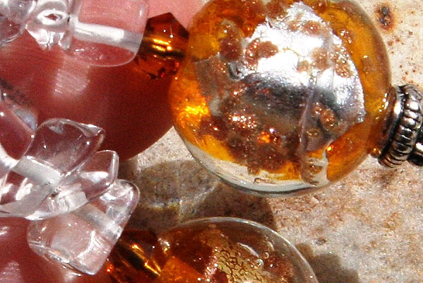 Amber Silver Leaf Murano Glass Ball and Rock Quartz Sterling Silver Earrings