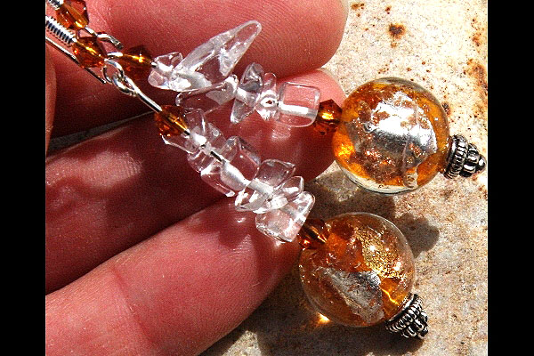 Amber Silver Leaf Murano Glass Ball and Rock Quartz Sterling Silver Earrings