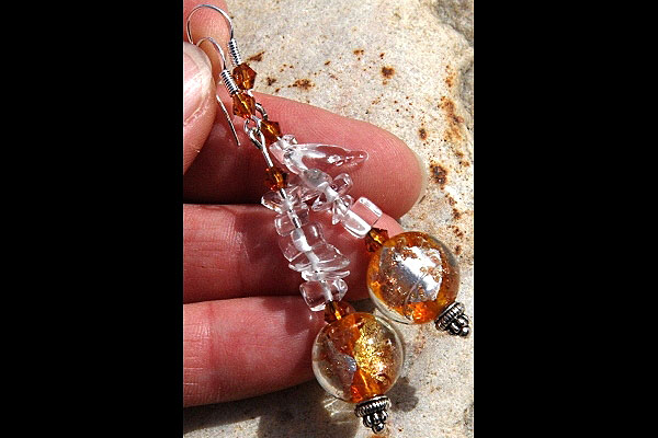 Amber Silver Leaf Murano Glass Ball and Rock Quartz Sterling Silver Earrings