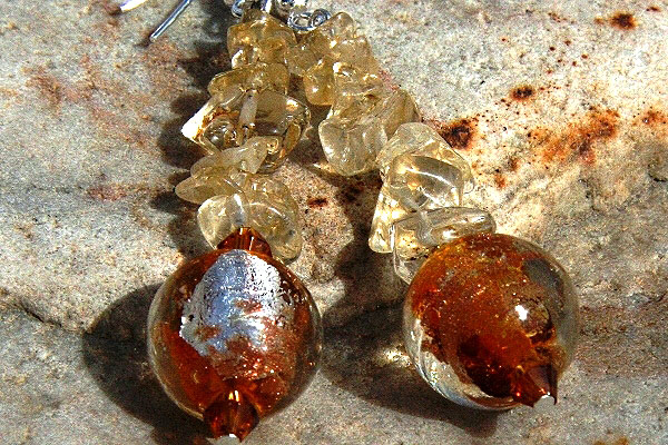 Citrine and Amber Silver Leaf Murano Glass Ball Sterling Silver Earrings