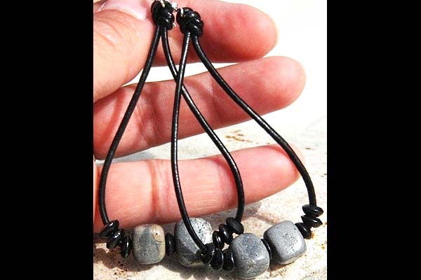 Beautiful Natural Jasper Stones on XL Black Leather Hoops | Sterling Earrings