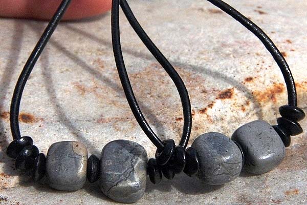 Beautiful Natural Jasper Stones on XL Black Leather Hoops | Sterling Earrings