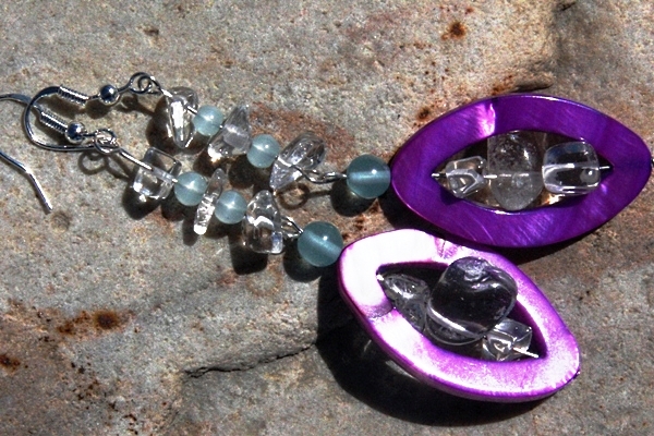 Bright Purple Mother of Pearl with Natural Larimar and Rock Quartz Earrings