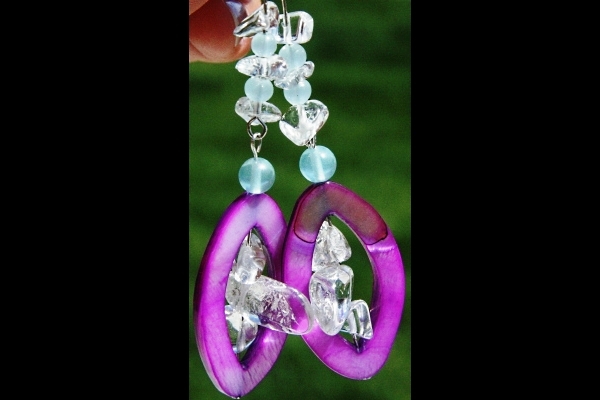 Bright Purple Mother of Pearl with Natural Larimar and Rock Quartz Earrings