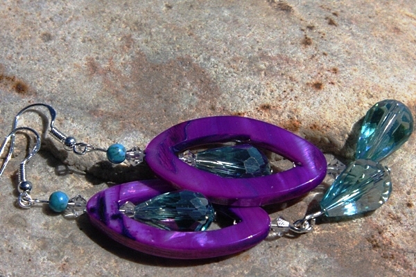 HOT Purple Mother of Pearl with Turquoise and Aqua Swarovski Crystal Drops