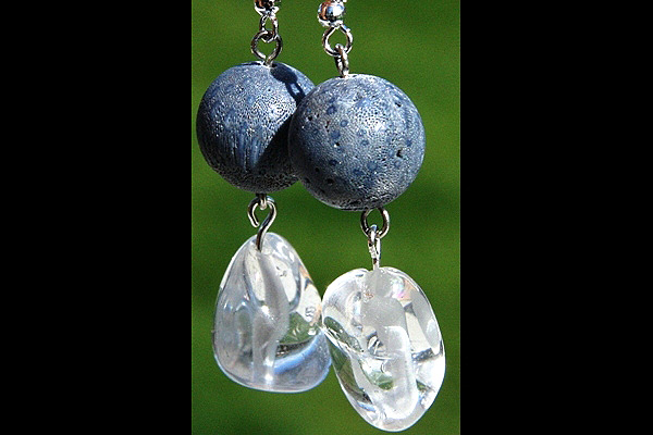 Sterling Silver Earrings with Chunky Rock Quartz and Natural Blue Coral Ball