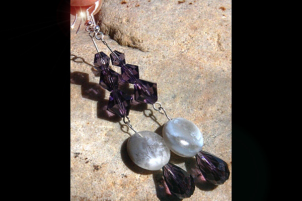 Natural Brazilian Agate and Amethyst Swarovski Crystal Long Dangle Earrings