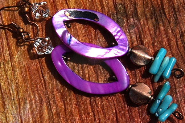 Hot Purple Mother of Pearl with Aqua Coral Sticks - Long Copper Dangle Earrings