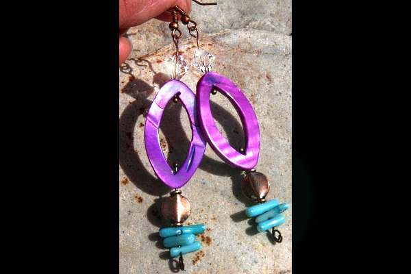 Hot Purple Mother of Pearl with Aqua Coral Sticks - Long Copper Dangle Earrings