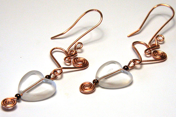 Acharya Earrings - Copper and Frosted Glass Wire Wrapped Hearts