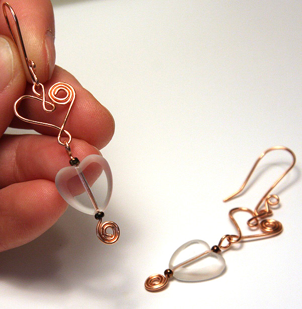 Acharya Earrings - Copper and Frosted Glass Wire Wrapped Hearts