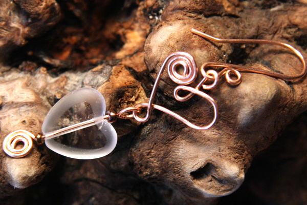 Acharya Earrings - Copper and Frosted Glass Wire Wrapped Hearts