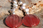 Delicate Carved Watermelon Quartz and Bright Red Lampwork Glass Necklace