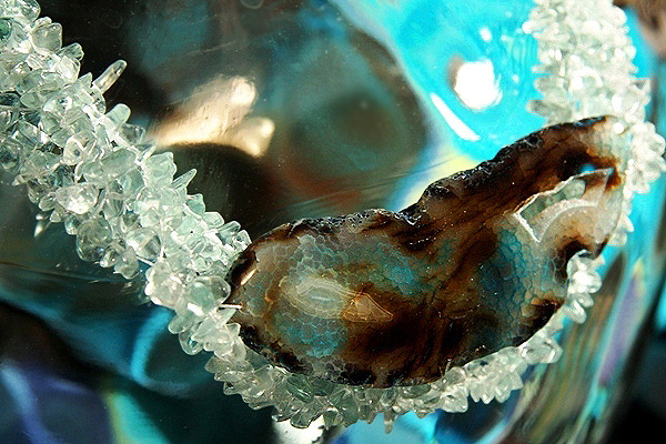 Intense Dragon Vein Agate Nested in Brazilian Aquamarine Crystals