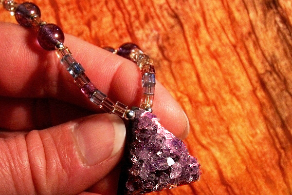 Rough Amethyst Crystal on Faceted Bohemian Art Glass Necklace