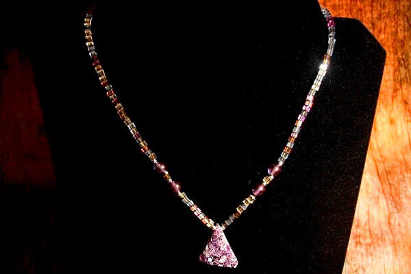 Rough Amethyst Crystal on Faceted Bohemian Art Glass Necklace