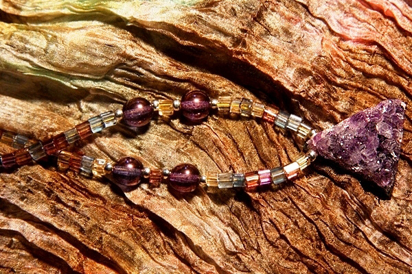Rough Amethyst Crystal on Faceted Bohemian Art Glass Necklace