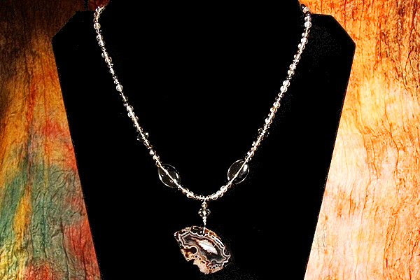 Agate with Black Lolite Quartz Gem Necklace
