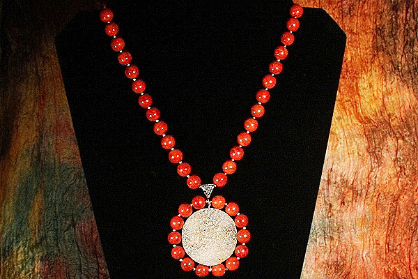 Drusy Quartz Encircled by Red Sponge Coral XL