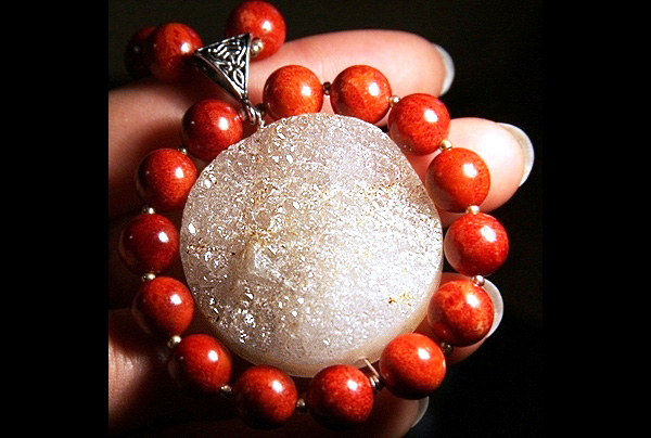 Drusy Quartz Encircled by Red Sponge Coral XL
